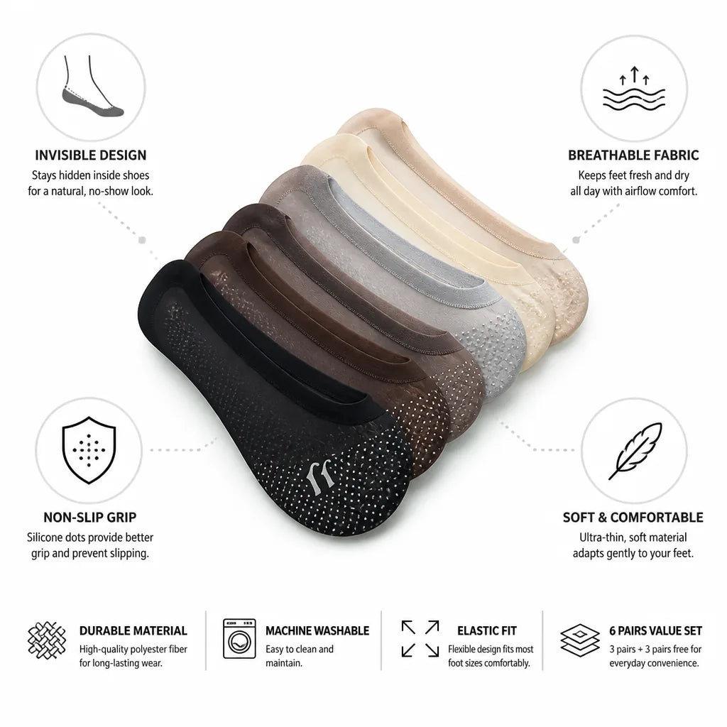 Invisible Liner Socks Ultra-Thin Breathable Non-Slip Set of 6