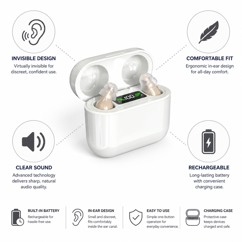 Invisible Rechargeable In-Ear Hearing Aid (Charging Case Included)