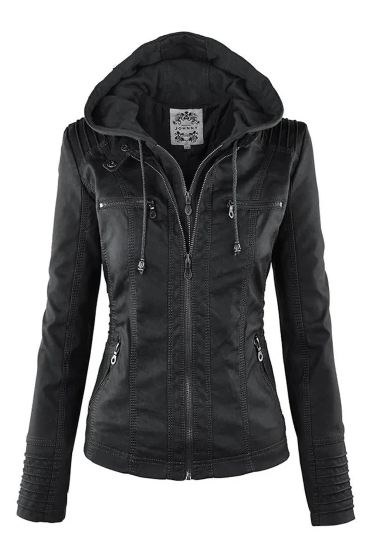 Jacket Faux Leather Weather-Resistant Removable Hood