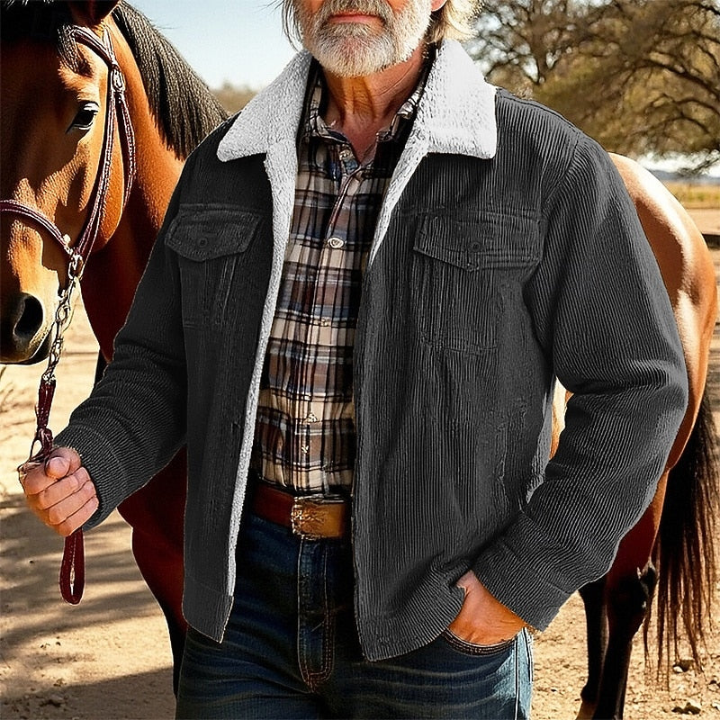 Jacket Ribbed Texture Fleece-Lined Collar Four Pockets