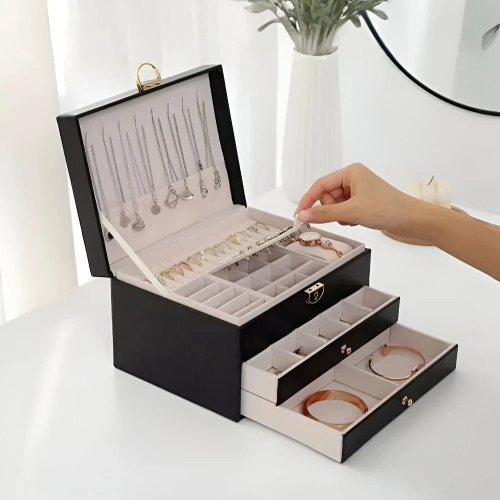 Jewellery Box Lift-Out Layers Textured Leather-Look & Soft Lining