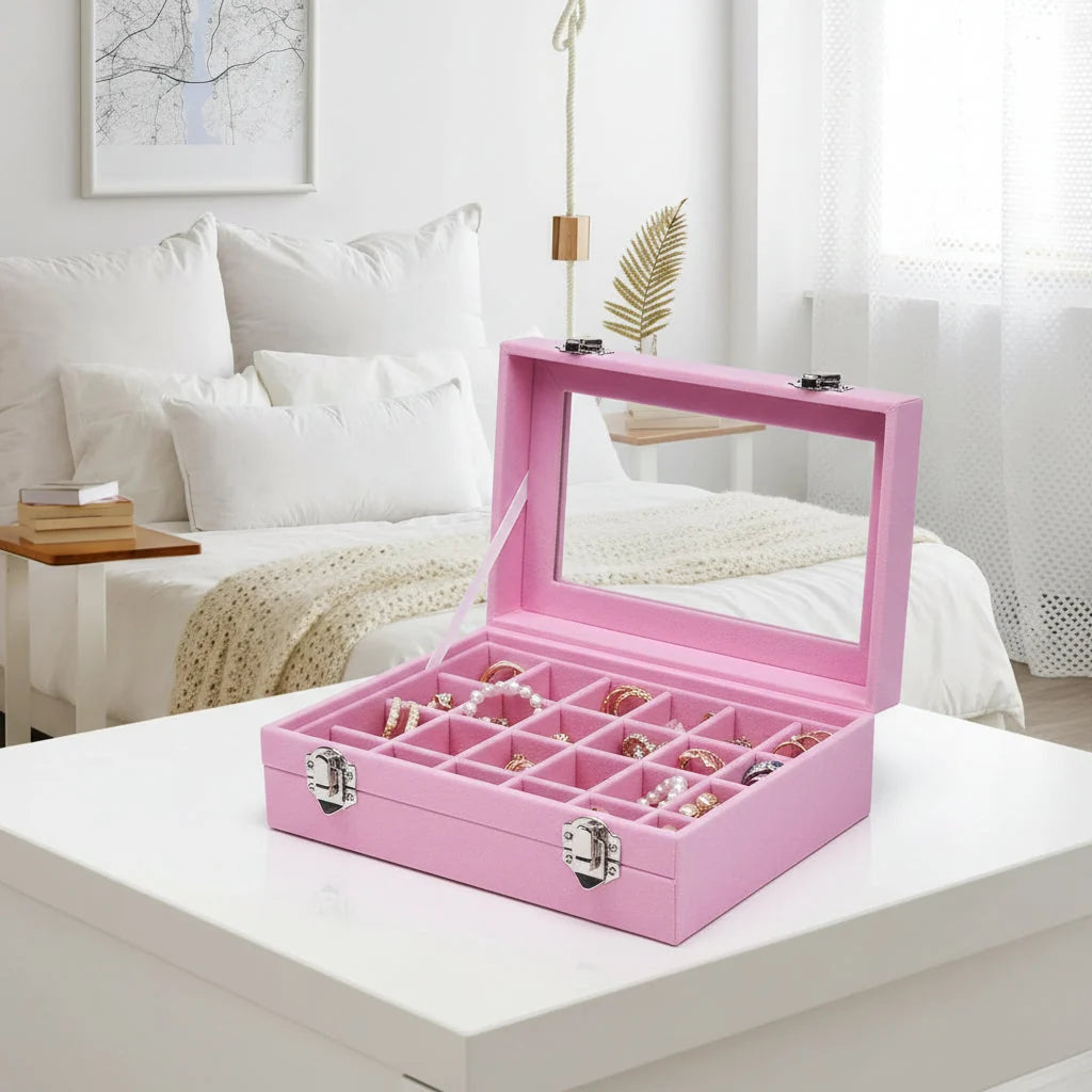 Jewellery Box Velvet-Lined Clear Glass Lid