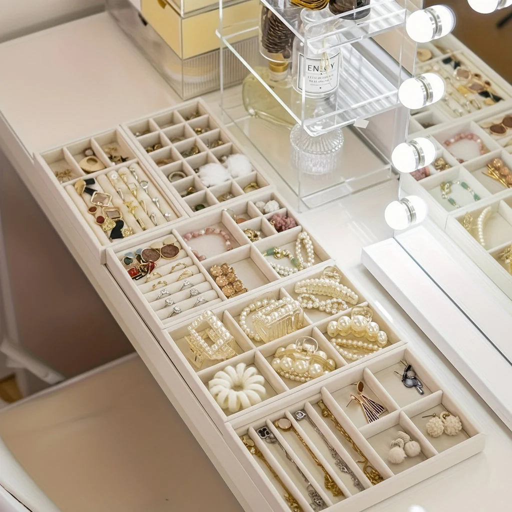 Jewelry Drawer Organizer Lined Compartments Tangle-Free Protection