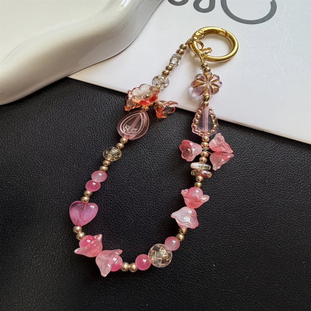 Keychain Colorful Beads Floral & Heart Charms