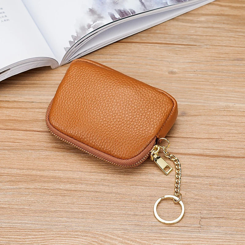 Keychain Pouch Leather Zipper Closure Compact Storage