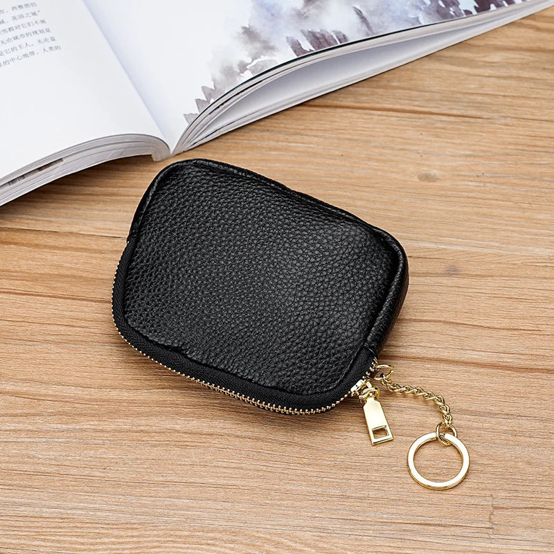 Keychain Pouch Leather Zipper Closure Compact Storage