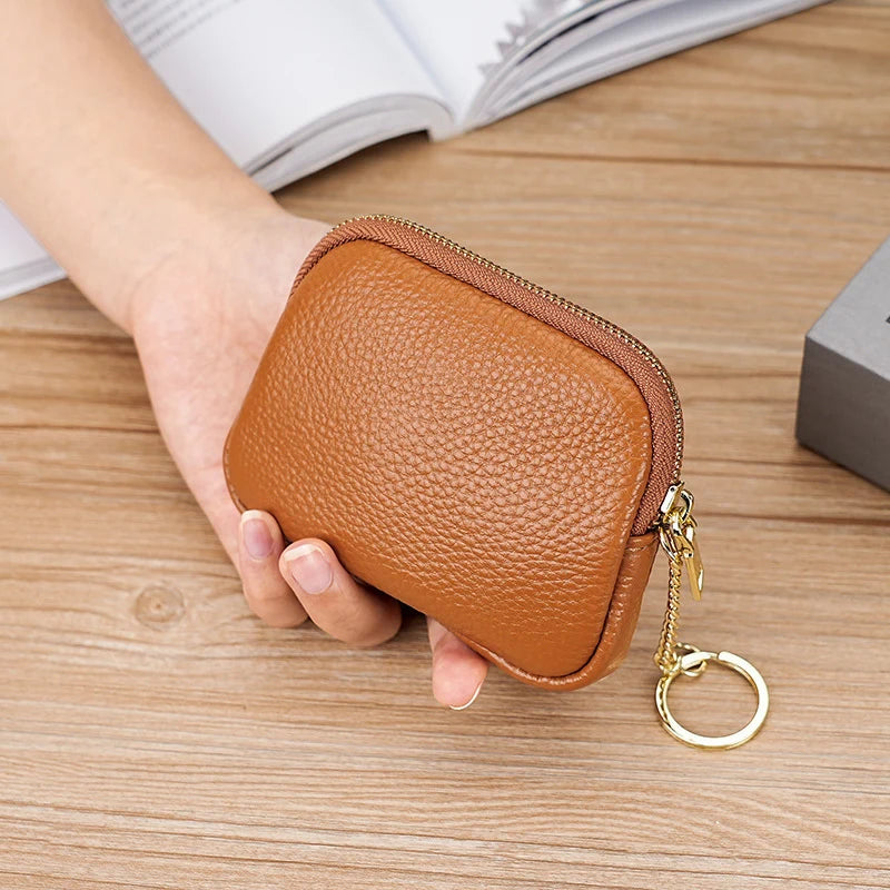 Keychain Pouch Leather Zipper Closure Compact Storage