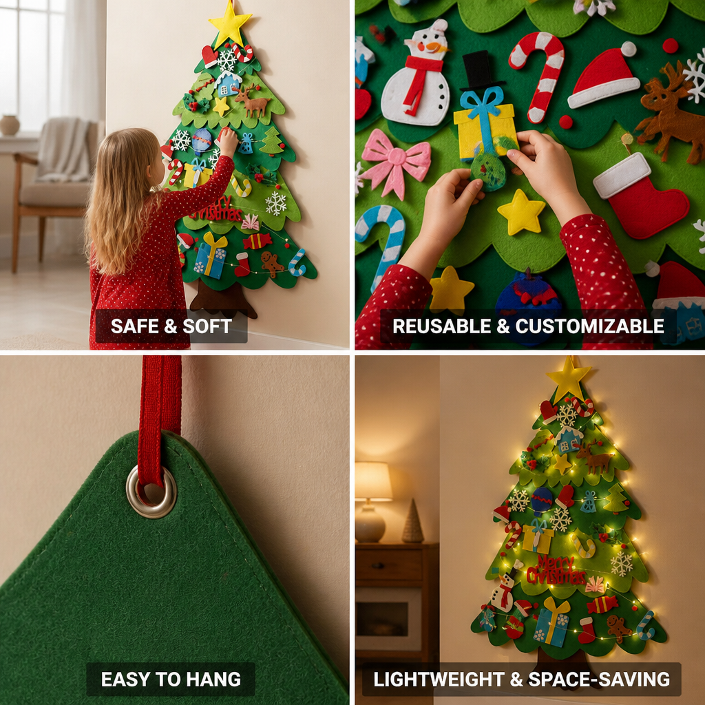 Kid-Safe Velcro Ornament Felt Christmas Tree (98×70 cm)