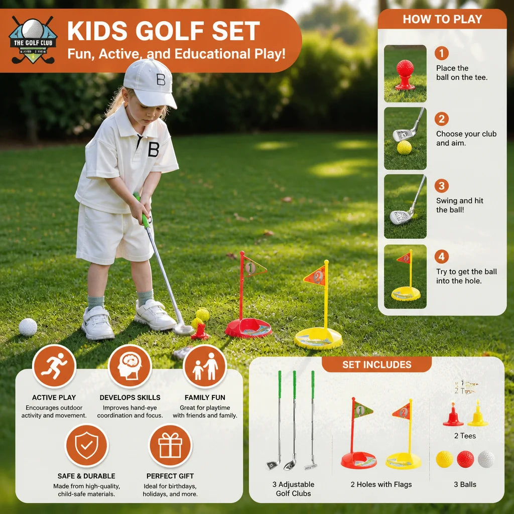 Kids Golf Set Height-Adjustable Clubs Flags & Balls