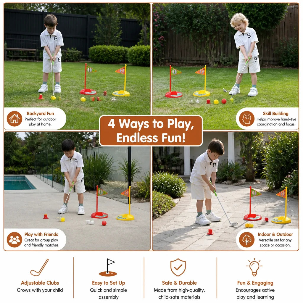 Kids Golf Set Height-Adjustable Clubs Flags & Balls