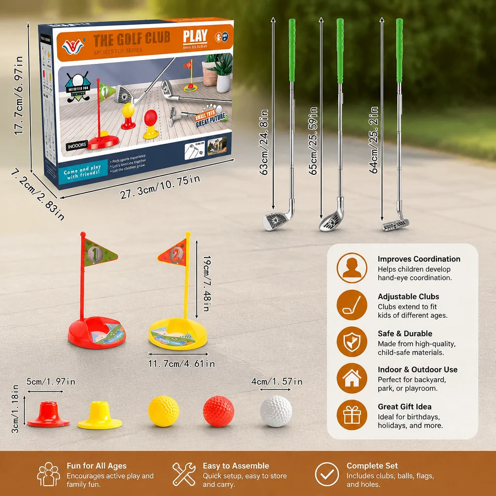 Kids Golf Set Height-Adjustable Clubs Flags & Balls