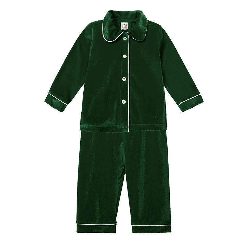 Kids Pajama Set Polyester Velvet Top Plaid Pants Elastic Waistband