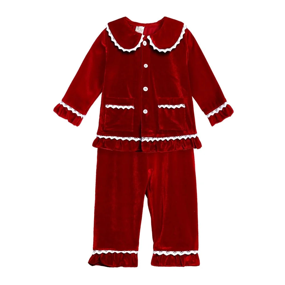 Kids Pajama Set Polyester Velvet Top Plaid Pants Elastic Waistband