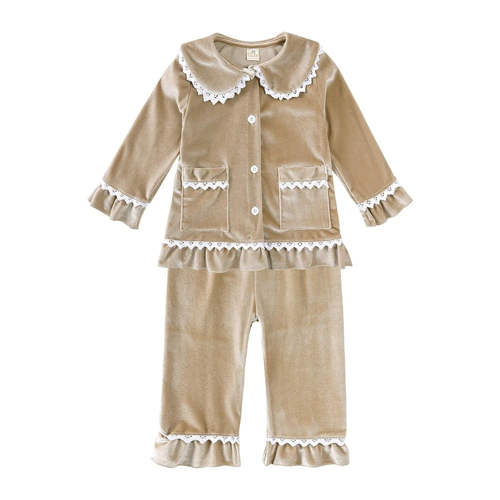Kids Pajama Set Polyester Velvet Top Plaid Pants Elastic Waistband