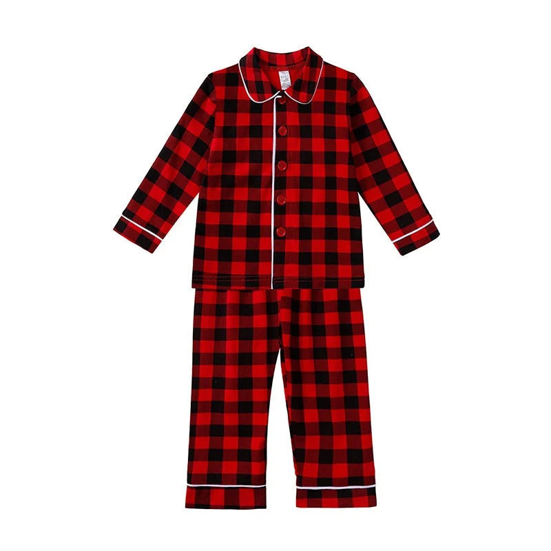 Kids Pajama Set Polyester Velvet Top Plaid Pants Elastic Waistband