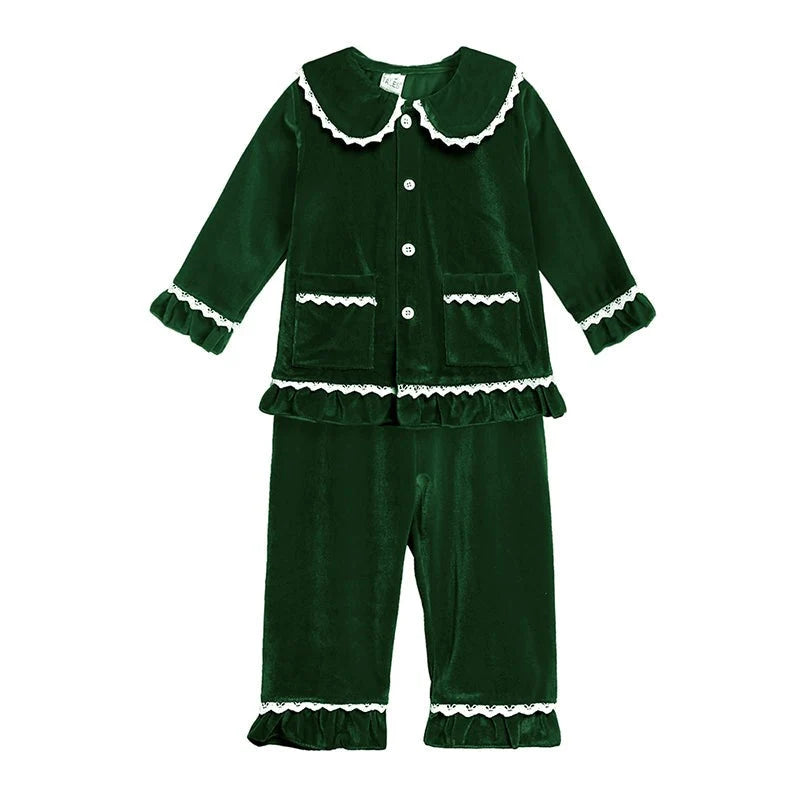 Kids Pajama Set Polyester Velvet Top Plaid Pants Elastic Waistband