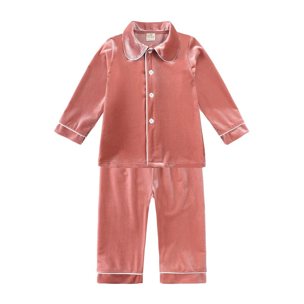 Kids Pajama Set Polyester Velvet Top Plaid Pants Elastic Waistband