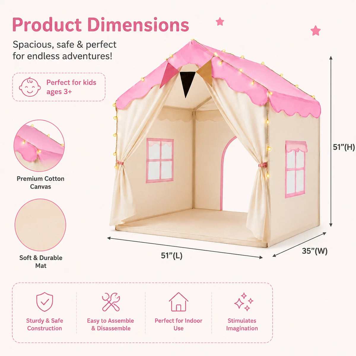 Kids Play Tent Padded Mat Decorative Lights Foldable