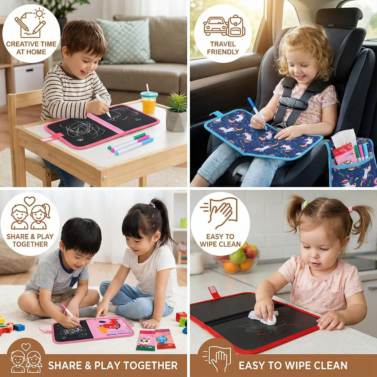 Kids Reusable Drawing Book Wipe-Clean Pages 6-Sided Portable