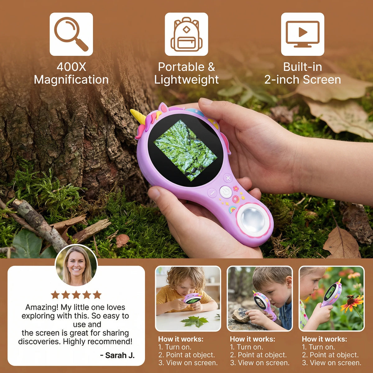 Kids Video Microscope 500x Magnification IPS Screen