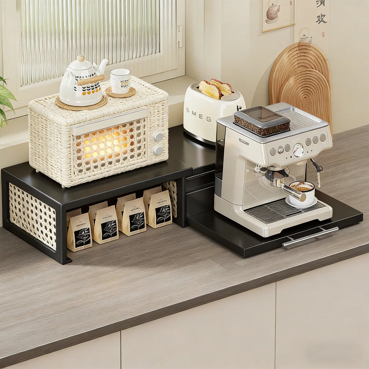 Kitchen Appliance Organizer Adjustable Pull-Out Platform With Drawer