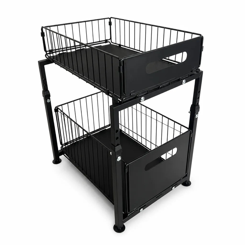 Kitchen Cabinet Organizer 2-Tier Pull-Out Baskets Height-Adjustable Steel Frame