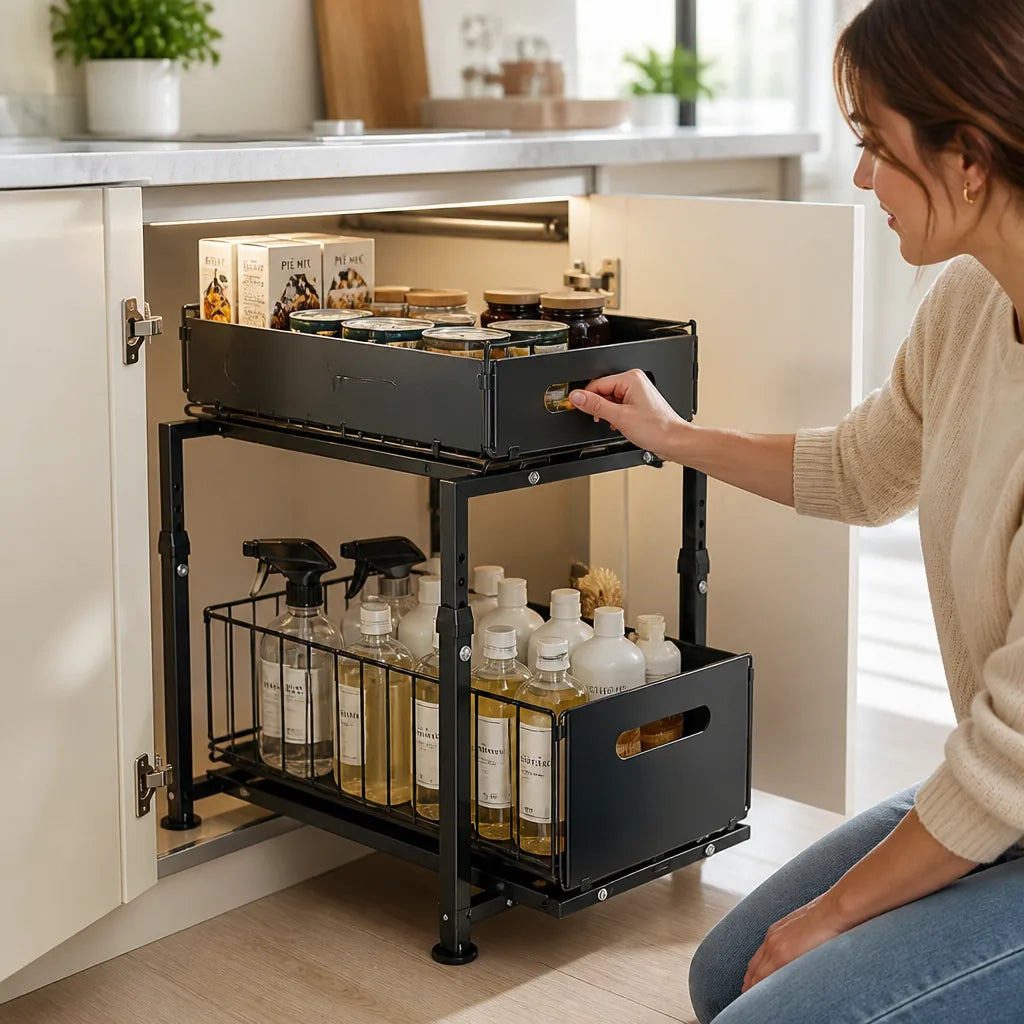 Kitchen Cabinet Organizer 2-Tier Pull-Out Baskets Height-Adjustable Steel Frame