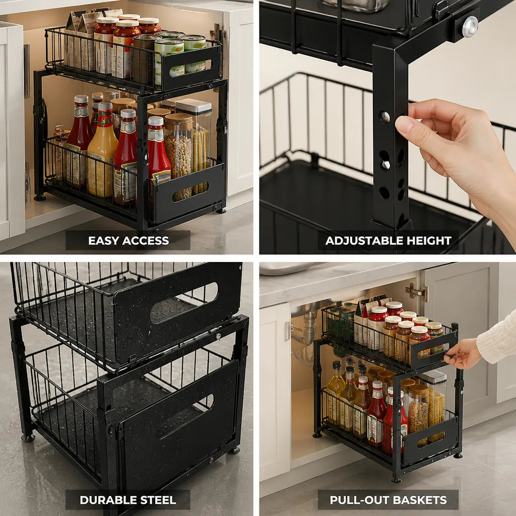 Kitchen Cabinet Organizer 2-Tier Pull-Out Baskets Height-Adjustable Steel Frame