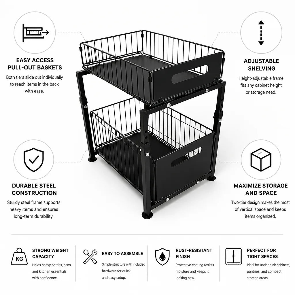 Kitchen Cabinet Organizer 2-Tier Pull-Out Baskets Height-Adjustable Steel Frame