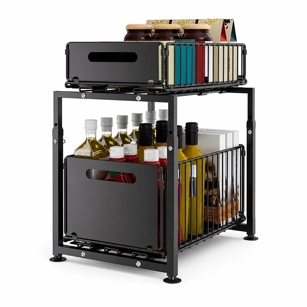 Kitchen Cabinet Organizer 2-Tier Pull-Out Baskets Height-Adjustable Steel Frame