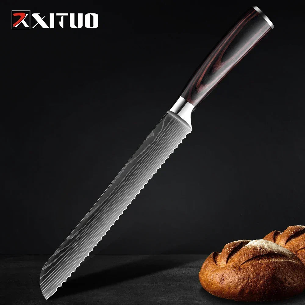 Kitchen Knife Set Forged Stainless Steel Blades Ergonomic Wooden Handles