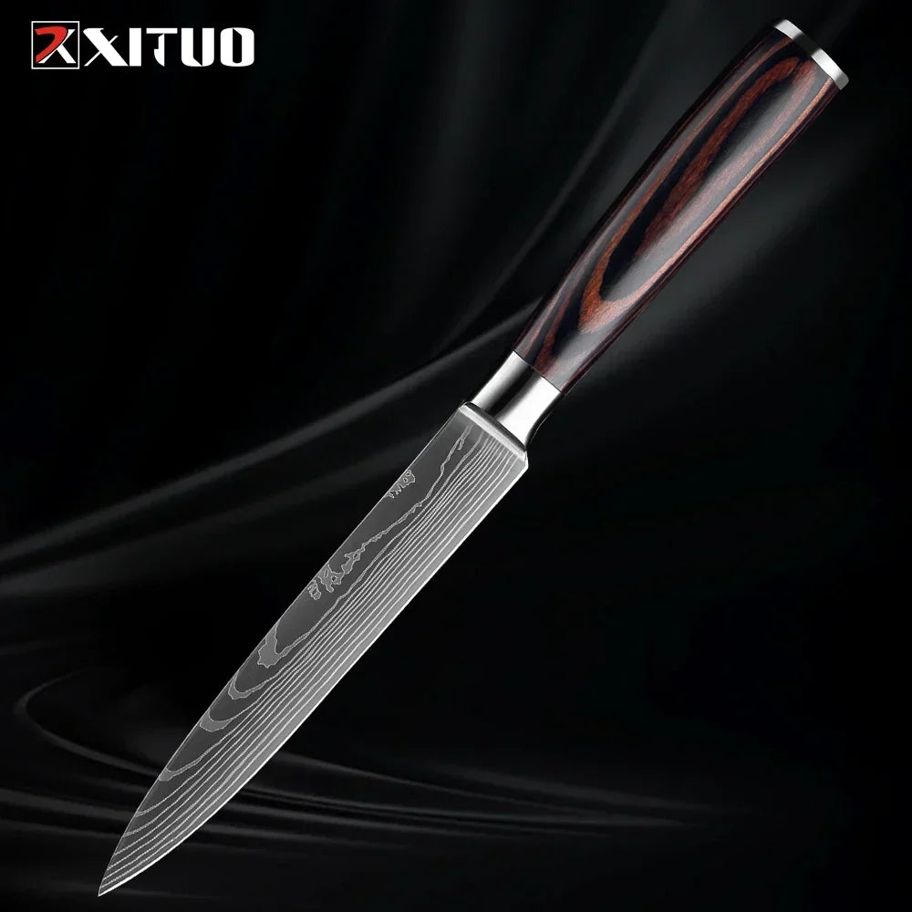 Kitchen Knife Set Forged Stainless Steel Blades Ergonomic Wooden Handles