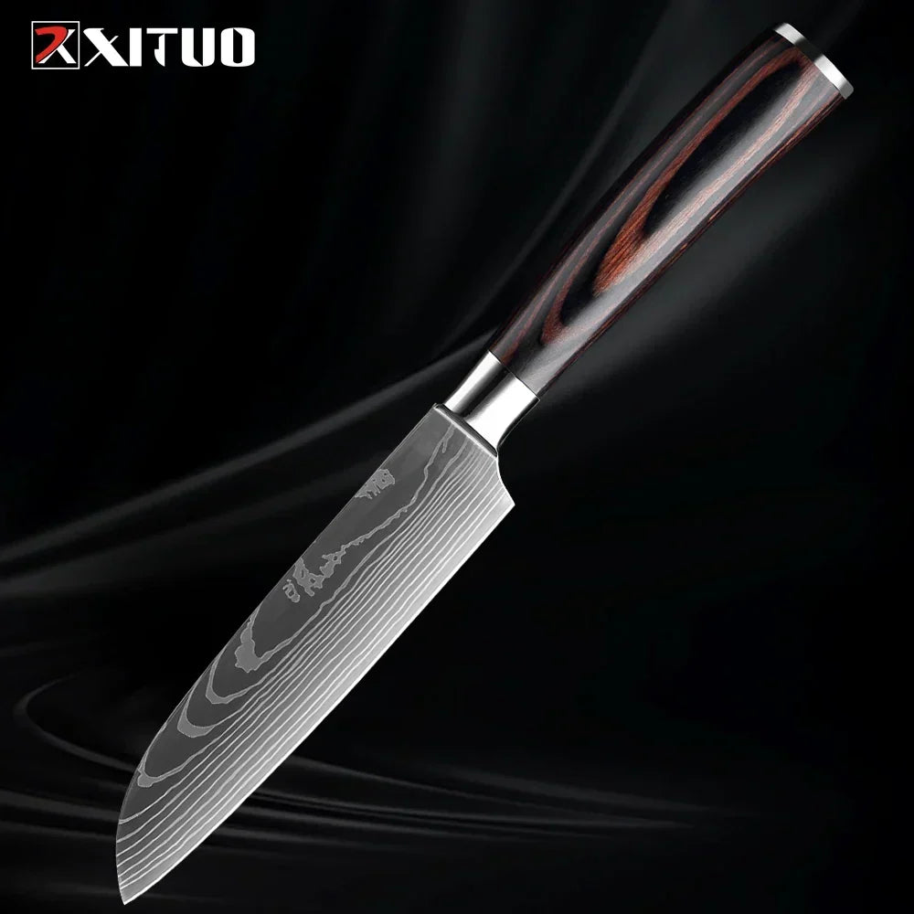 Kitchen Knife Set Forged Stainless Steel Blades Ergonomic Wooden Handles