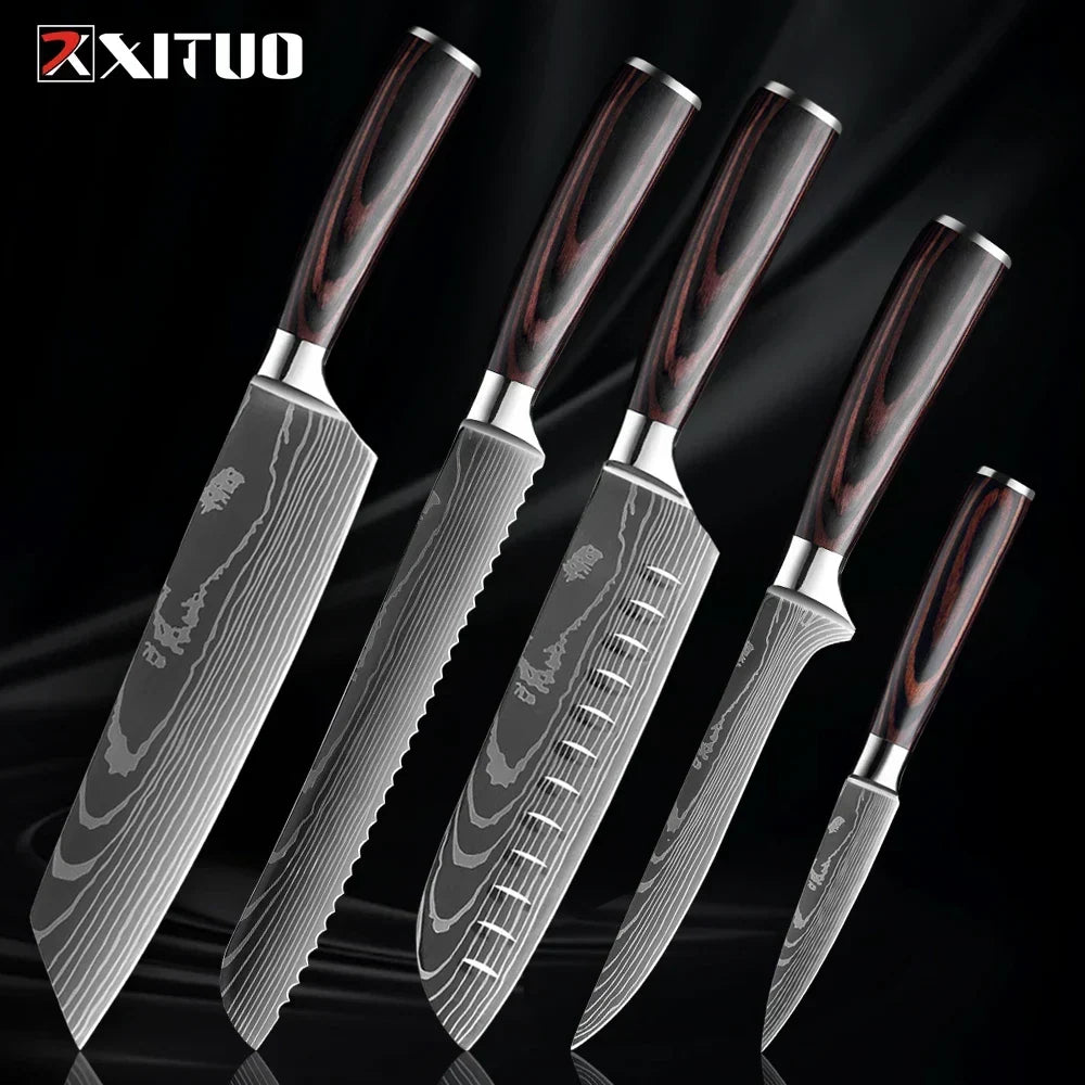 Kitchen Knife Set Forged Stainless Steel Blades Ergonomic Wooden Handles