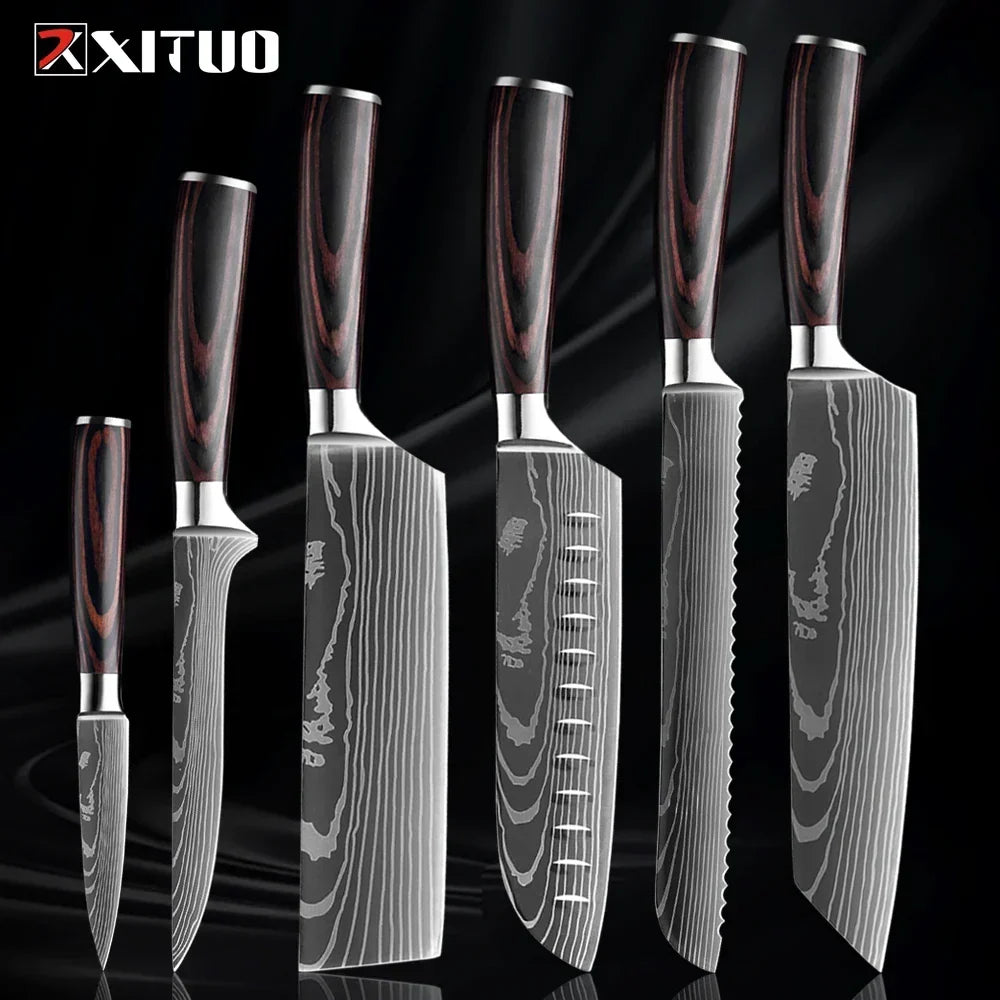 Kitchen Knife Set Forged Stainless Steel Blades Ergonomic Wooden Handles