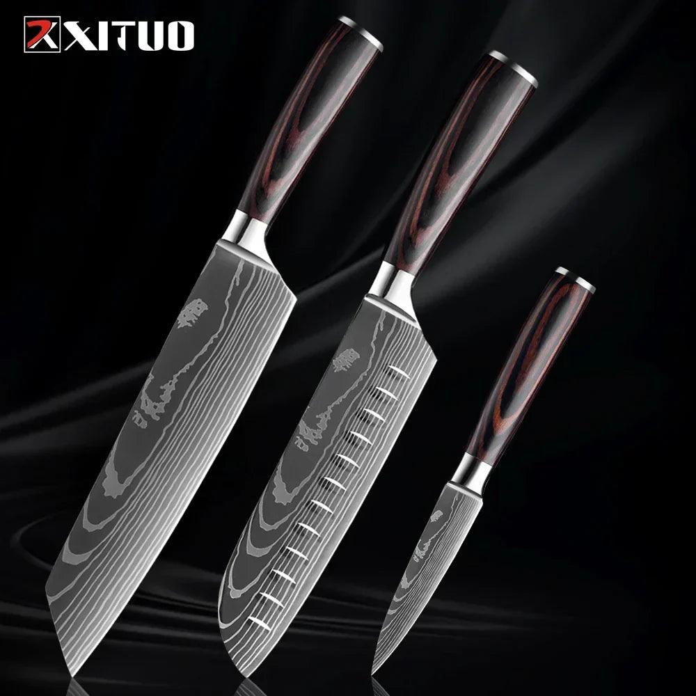 Kitchen Knife Set Forged Stainless Steel Blades Ergonomic Wooden Handles