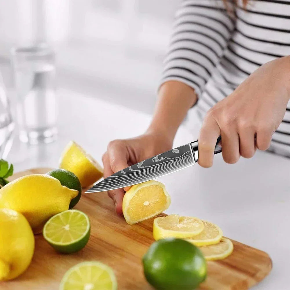 Kitchen Knife Set Forged Stainless Steel Blades Ergonomic Wooden Handles