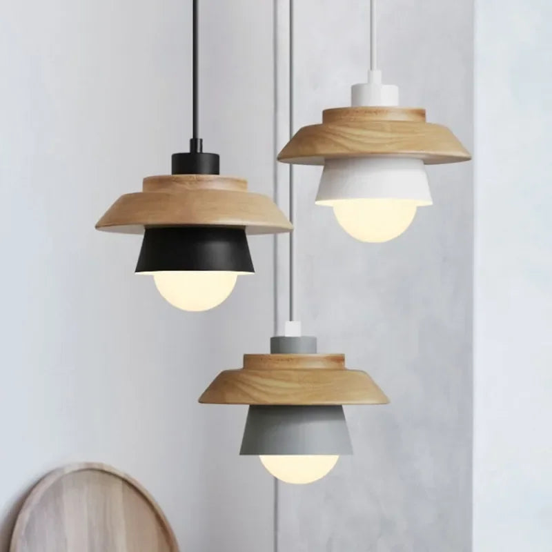 Kitchen Pendant Light Macaron Colored Shade Timber Collar