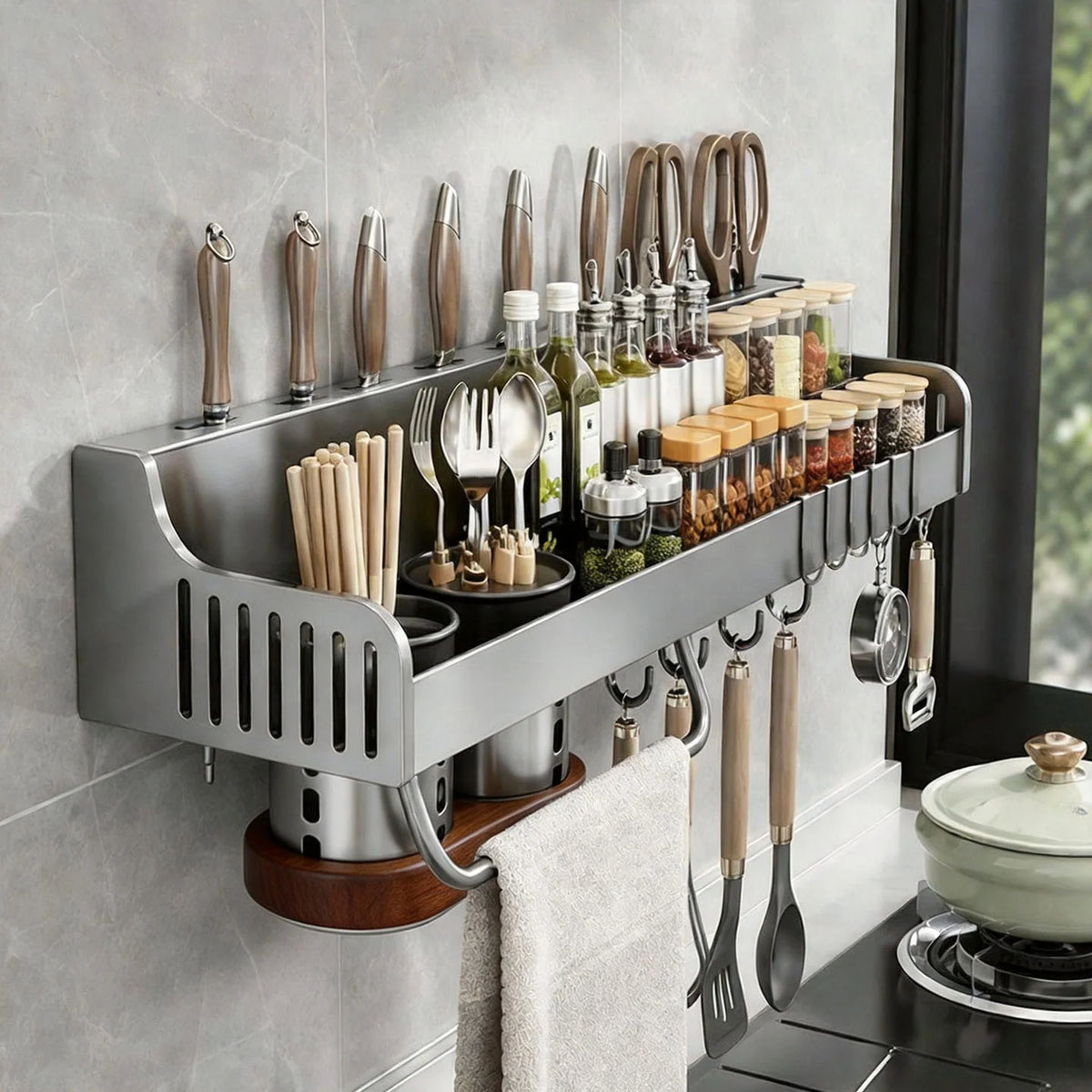Kitchen Rack Wall-Mounted Stainless Steel Knife Slots & Hooks