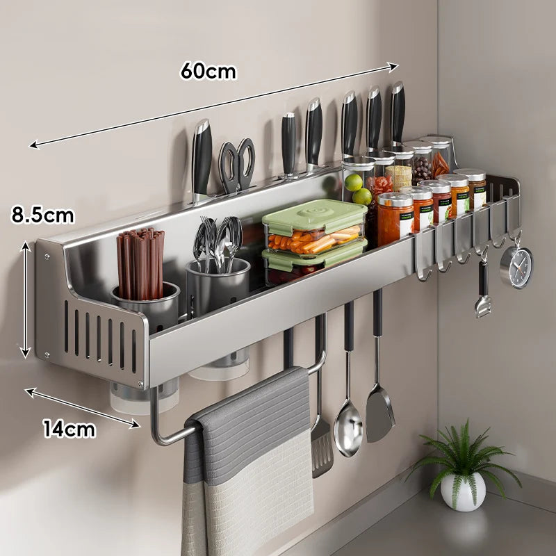 Kitchen Rack Wall-Mounted Stainless Steel Knife Slots & Hooks