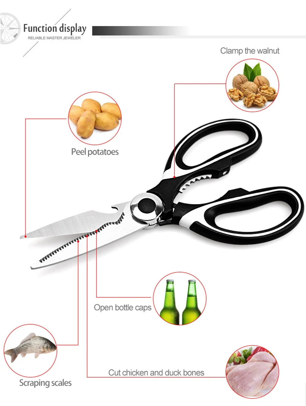 Kitchen Shears Stainless Steel Built-In Bottle & Jar Openers