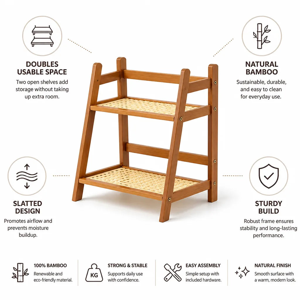 Kitchen Shelf 2-Tier Bamboo Slatted Space-Saving