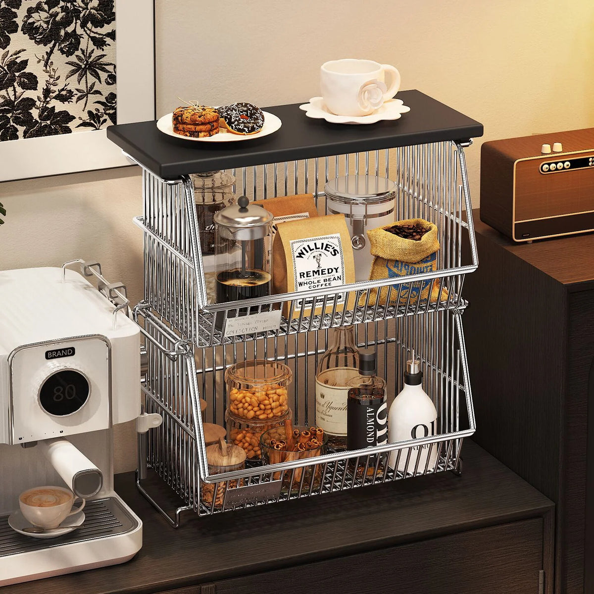 Kitchen Storage Cart Four-Tier Wooden Top Rolling Wheels