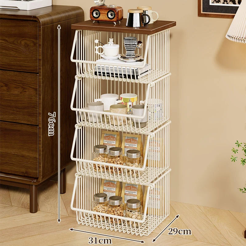 Kitchen Storage Cart Four-Tier Wooden Top Rolling Wheels