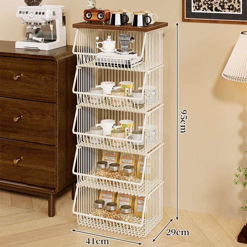 Kitchen Storage Cart Four-Tier Wooden Top Rolling Wheels