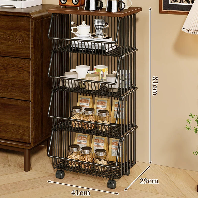 Kitchen Storage Cart Four-Tier Wooden Top Rolling Wheels
