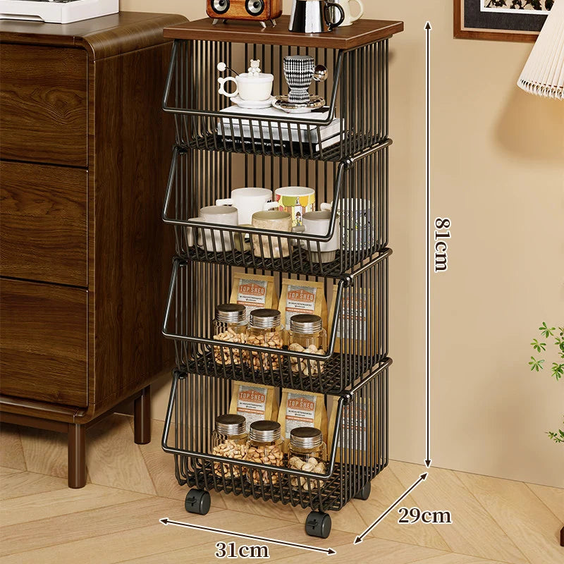 Kitchen Storage Cart Four-Tier Wooden Top Rolling Wheels