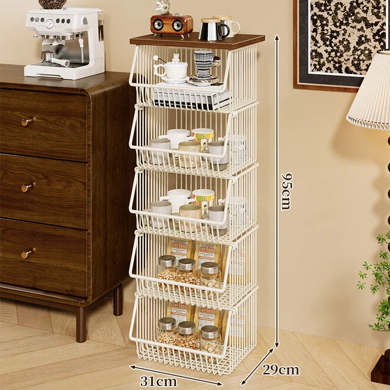 Kitchen Storage Cart Four-Tier Wooden Top Rolling Wheels