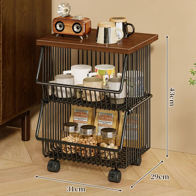 Kitchen Storage Cart Four-Tier Wooden Top Rolling Wheels