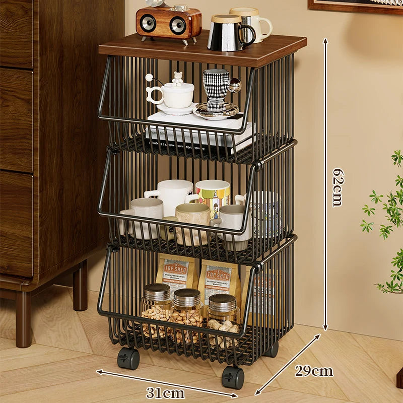 Kitchen Storage Cart Four-Tier Wooden Top Rolling Wheels